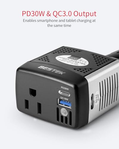 BESTEK 150W Power Inverter 12V to 110V Voltage Converter PD30W QC18W Car Charger Power Adapter with Charging Ports