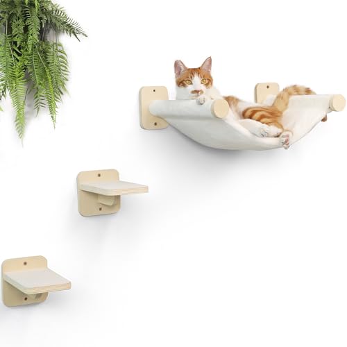 FUKUMARU Cat Wall Hammock with Two Steps Set, Modern Cat Climbing Shelves Furniture, Kitty Bed with Thickened Fabric for Sleep, Climb and Play