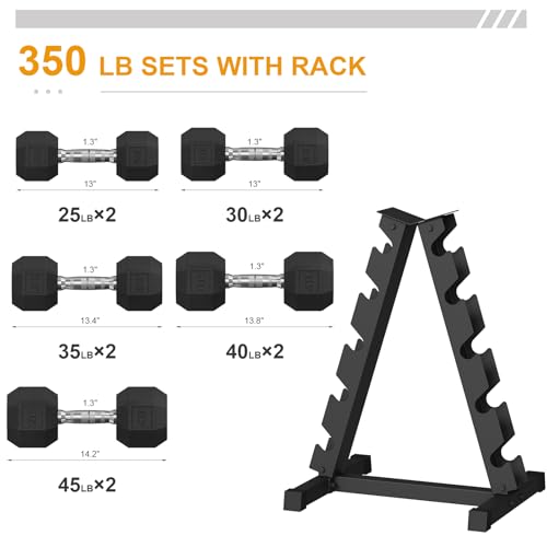 Premium Rubber Coated Hex Dumbbell Weight Set With Rack, Multiple Packages,210LB/350LB/450LB/550LB for Home Gym, Coated Hand Weights for Strength Training, Workouts