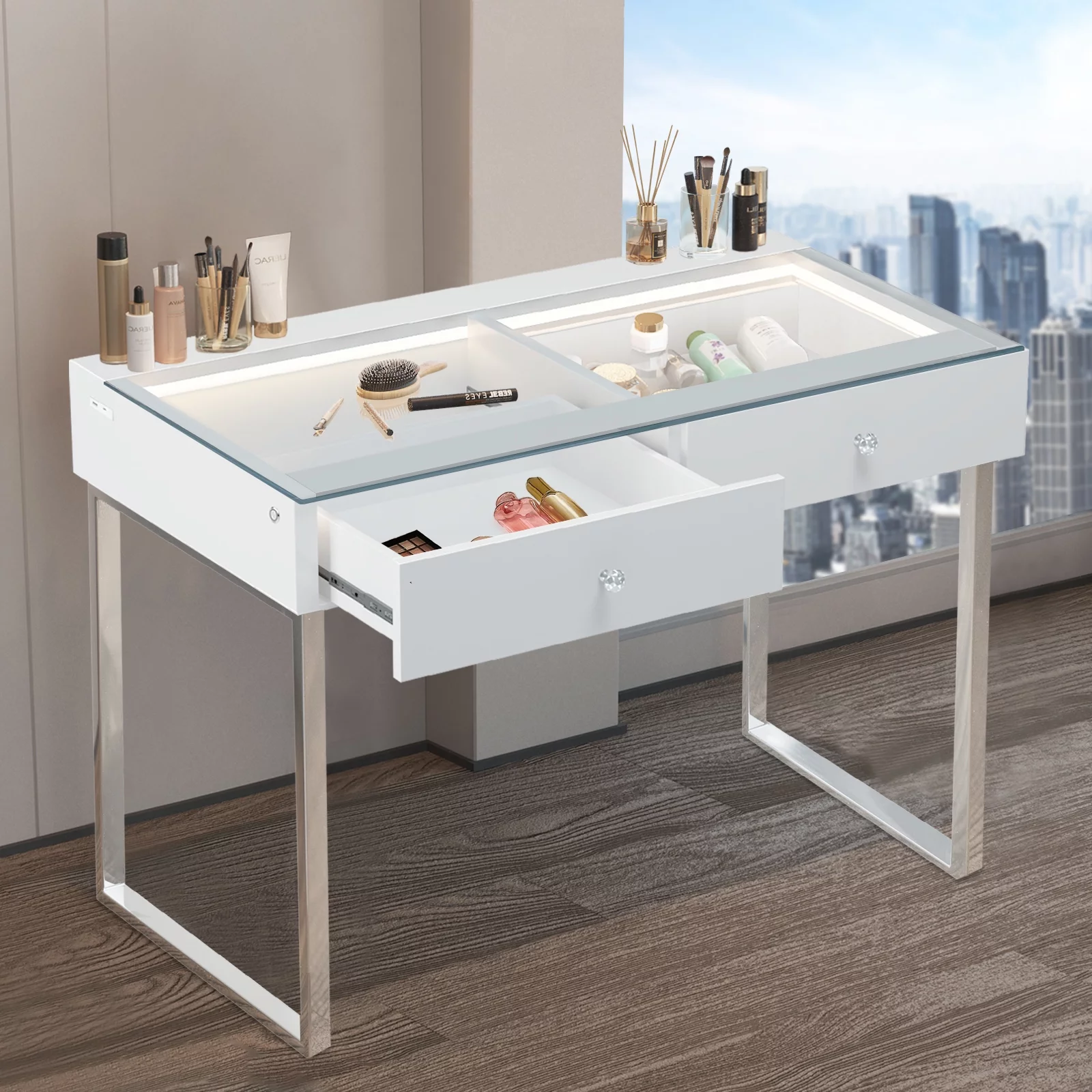 VANITII 2-Drawer  Modern Makeup Vanity Table with Lights Charging Port Vanity Desk Steel, for Bedroom