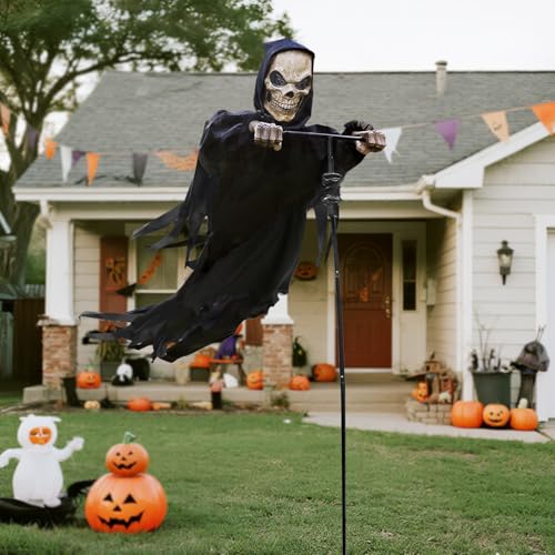 LarpGears Outdoor Halloween Skeleton Decorations, 7.8Ft Flying Rotated Skull Reaper Ghost Scarecrow Decorations for Garden, Porch, Yard