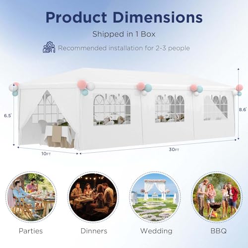 YOLENY 10x30 Ft Outdoor Party Canopy, Waterproof Heavy Duty Wedding Tent with 6 Sidewalls & 2 Zippered Doors, Event Tent for Birthday, Patio, BBQ, and Holiday Gatherings, White