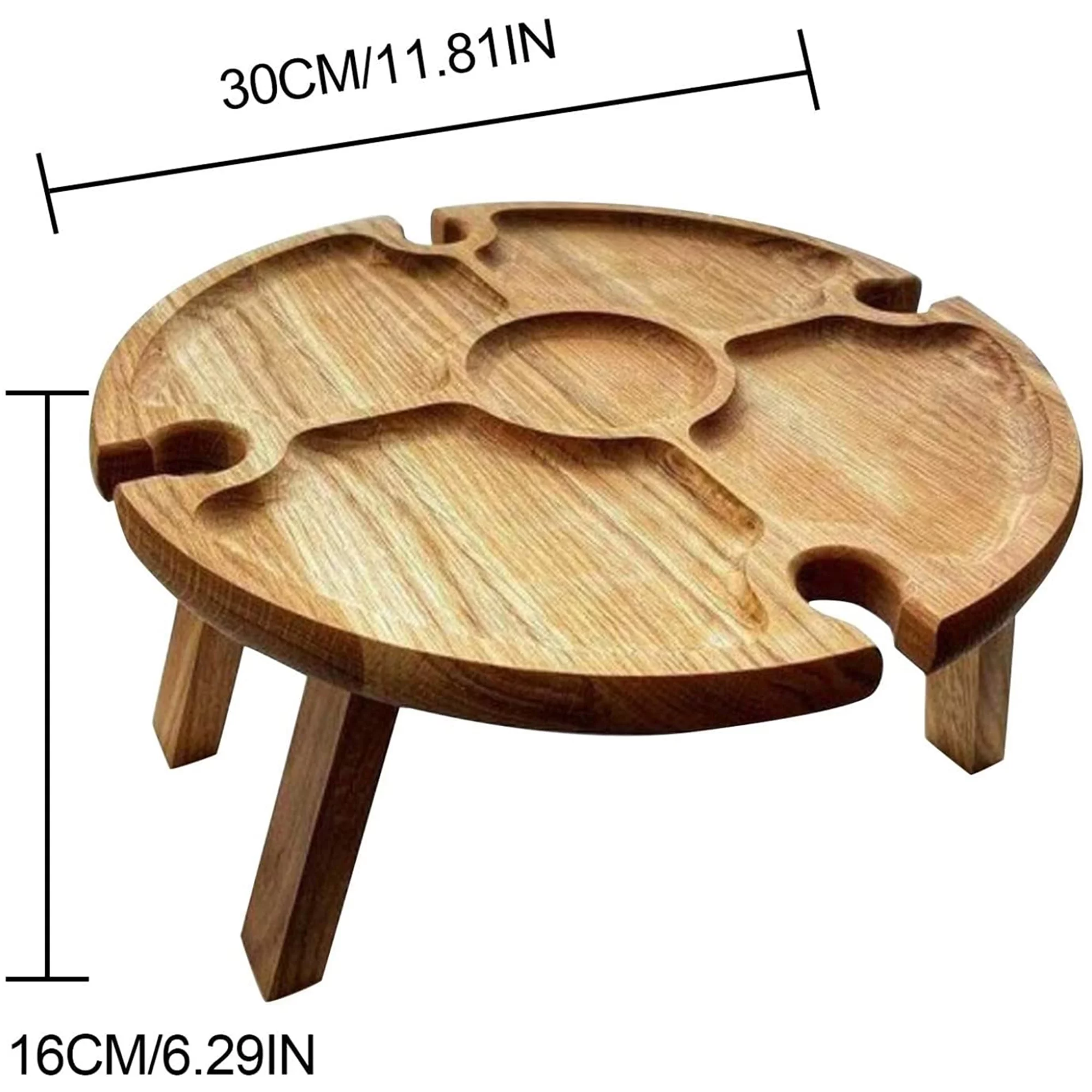 Wooden Collapsible Table with Grooves for Goblets, Round Shape Folding Table for Picnic/ Camping