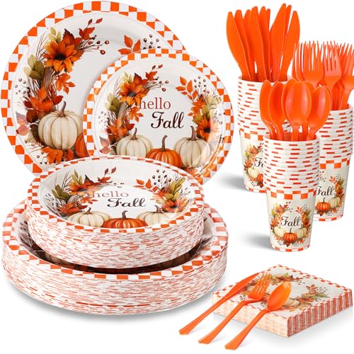 Sliner 350 Pcs Fall Paper Plates and Napkins Sets Party Supplies Thanksgiving Disposable Tableware Set 100 Autumn Paper Plates 50 Fall Cups 50 Napkins 50 Sets of Knife Fork Spoon, Serve 50 Guests