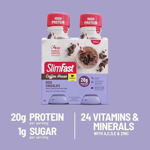 SlimFast Protein Shake, Chocolate- 20g Protein, Meal Replacement Shake Ready to Drink, High Protein with Low Carb and Low Sugar, 24 Vitamins and Minerals, 12 Count (Pack of 1) (Packaging May Vary)