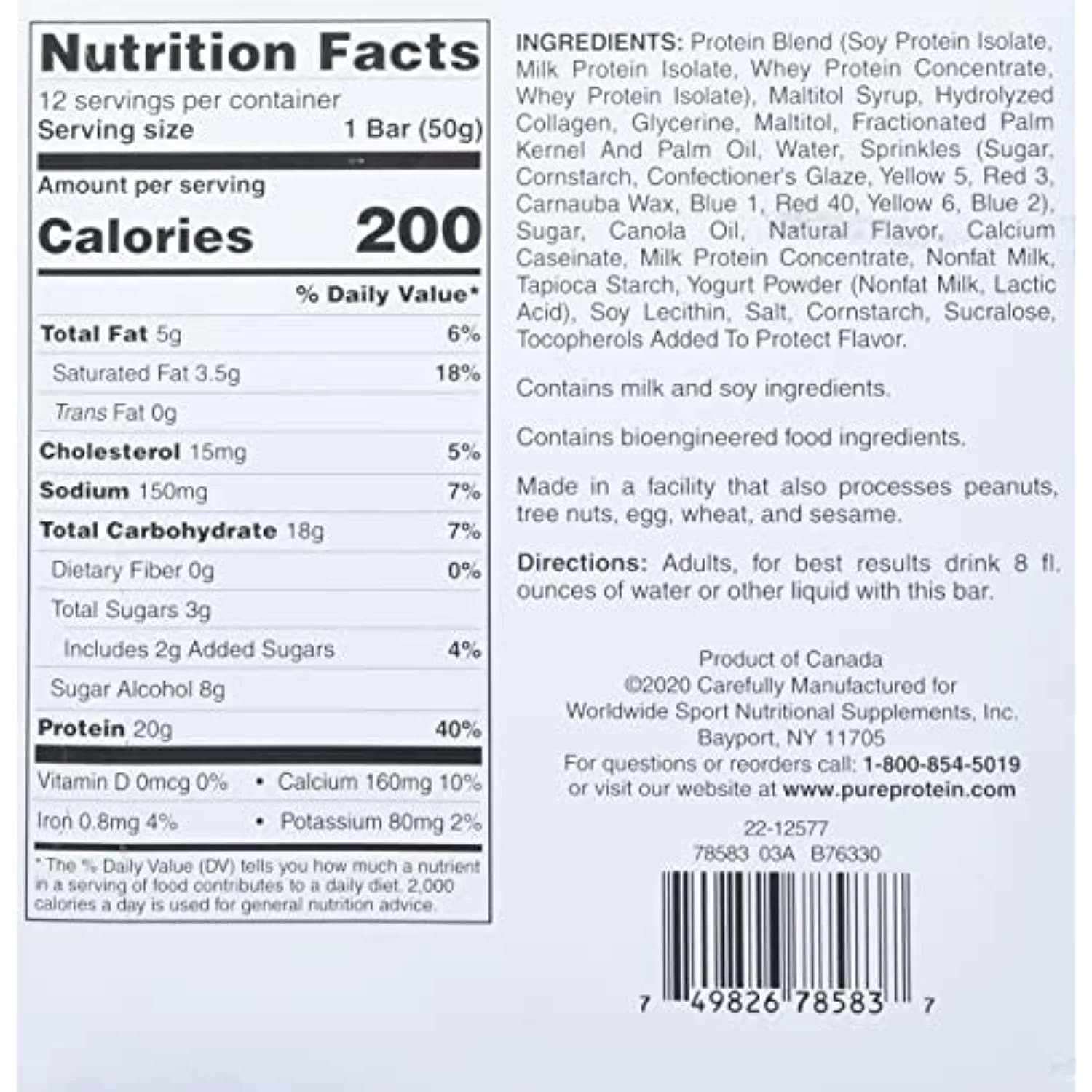 Pure Protein Bars, High Protein, Nutritious Snacks To Support Energy, Low Sugar, Gluten Free, Birthday Cake, 1.76 Oz, Pack Of 12