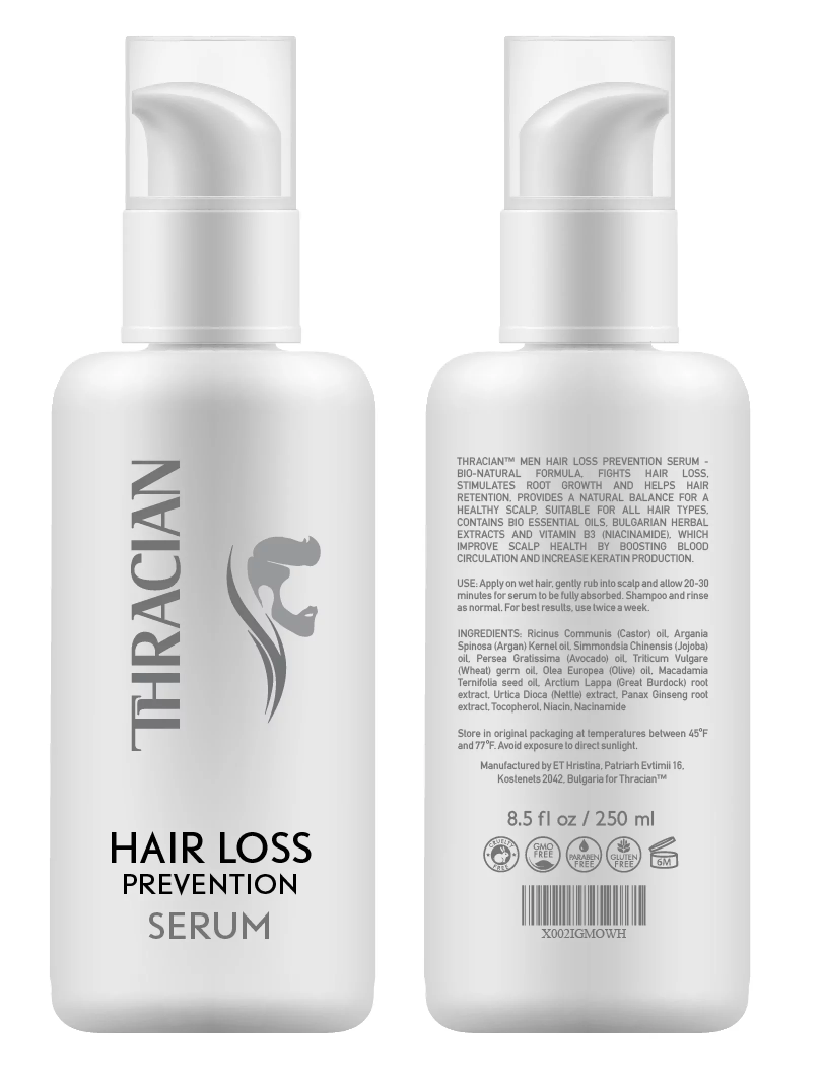 Thracian Natural Hair Loss Prevention Serum, Thinning, Balding Men, Restorative Formula with Castor Oil, Argan Oil and Niacinamide (B3) - 250ml/8.5 fl oz