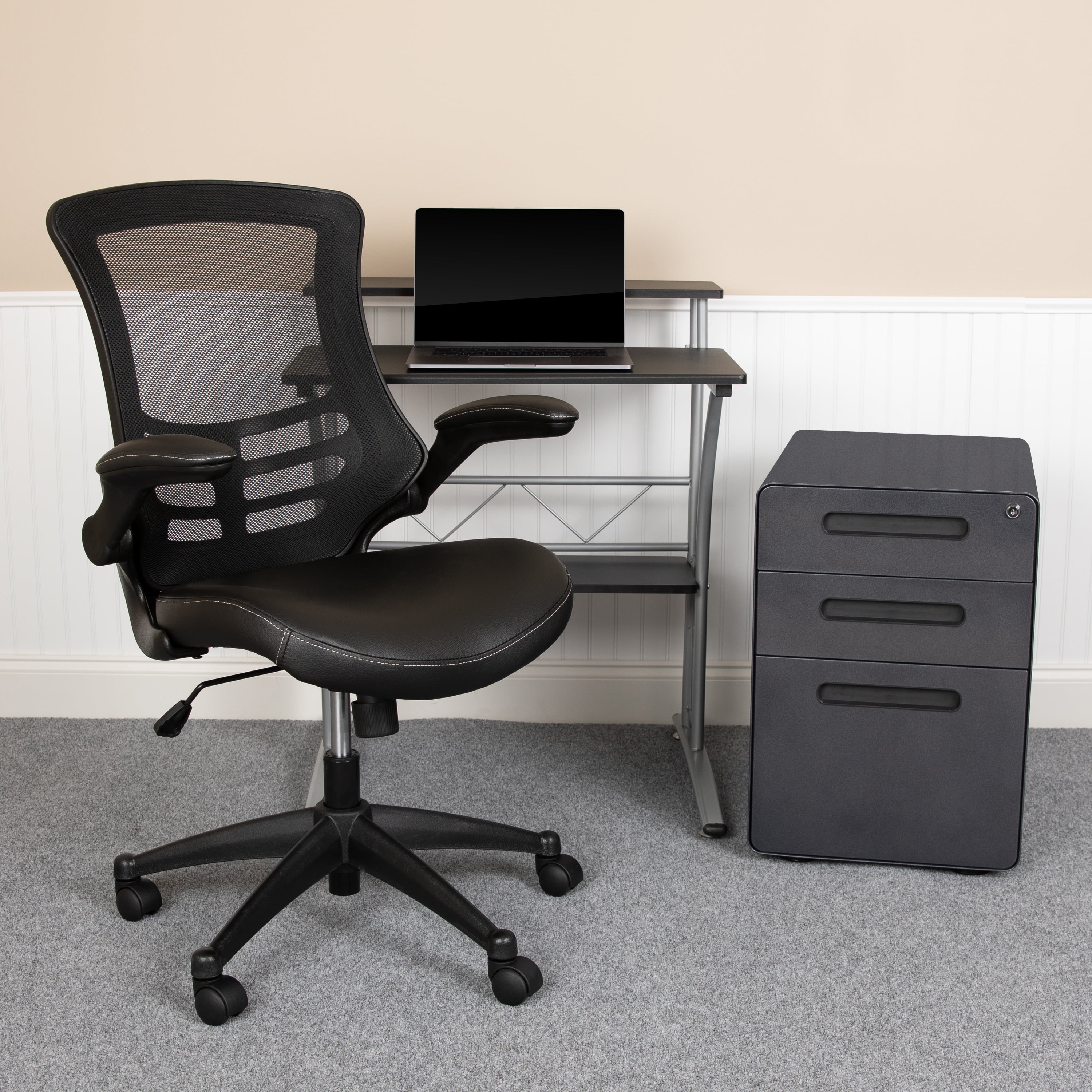 Flash Furniture Calder Work From Home Kit - Black Computer Desk, Ergonomic Mesh/LeatherSoft Office Chair and Locking Mobile Filing Cabinet