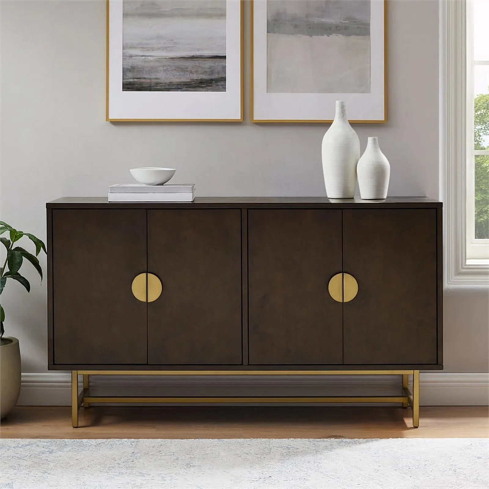 Crosley Furniture Blair Mid-Century Wood/Steel Sideboard in Dark Brown/Gold
