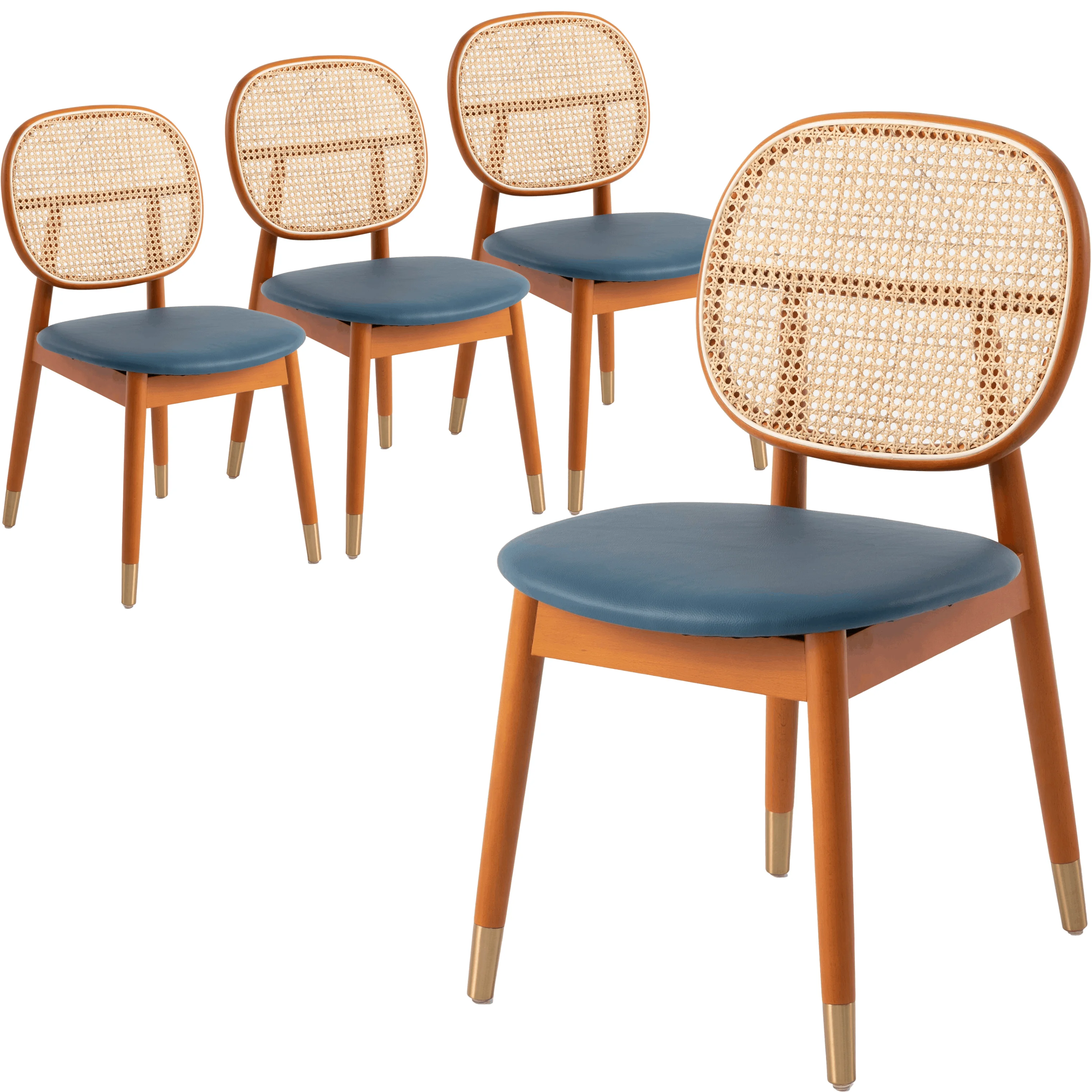 LeisureMod Holbeck Mid-Century Modern Wicker Dining Chair with Upholstered Leather Seat and Beech Wood Legs, Accent Side Chair for Kitchen and Dining Room Set of 4 (Navy Blue)