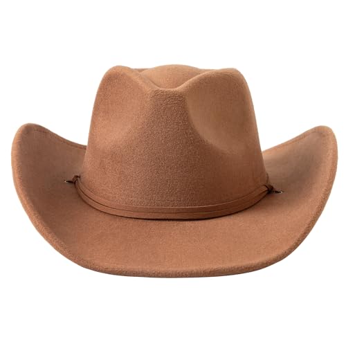 Lanzom Women Men Retro Felt Wide Brim Western Cowboy Cowgirl Hat Dress Up Hat with Wind Lanyard
