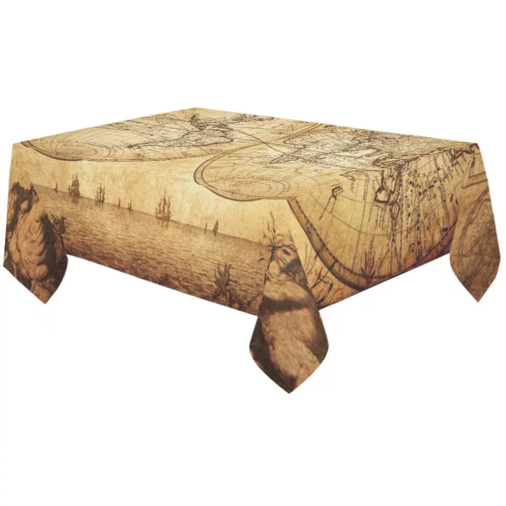 MYPOP Retro World Map Cotton Linen Tablecloth Sets 60x120 Inches - Yellow Old Style Ancient Map Desk Sofa Table Cloth Cover for Party Decor