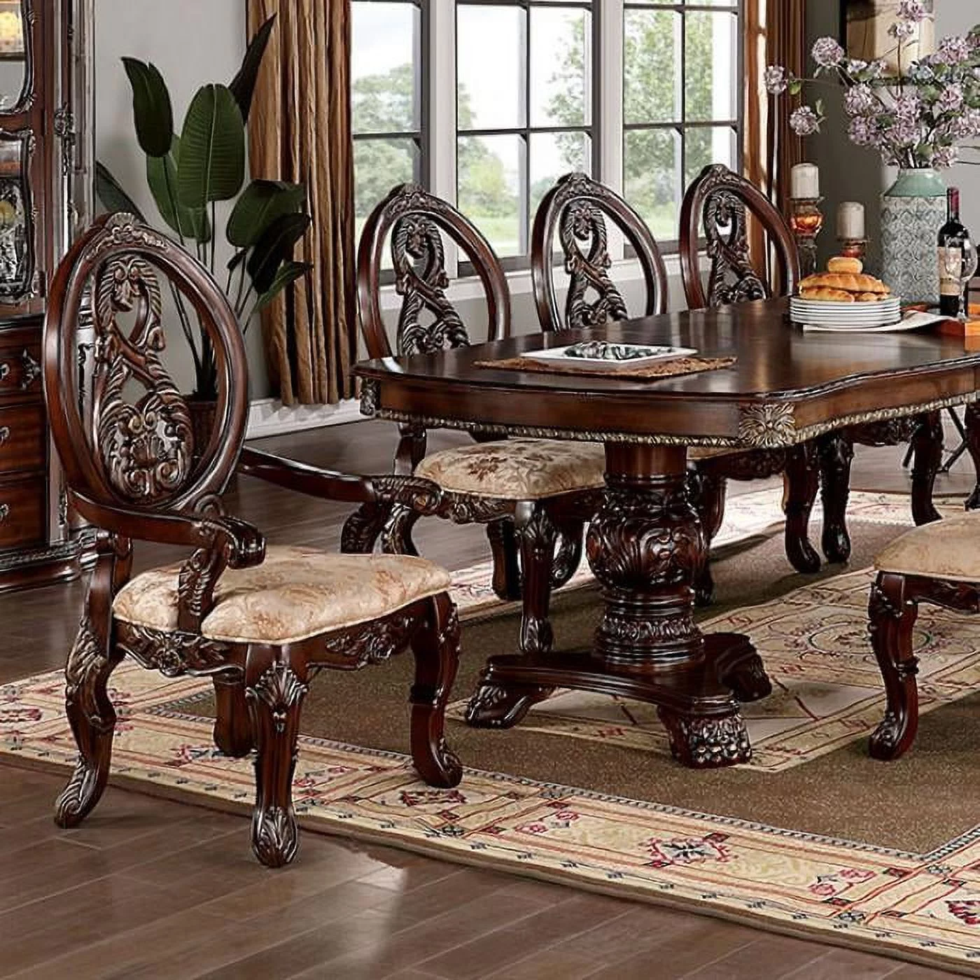 Brown Cherry Expandable Double Pedestal Dining Table FOA CM3145T Normandy