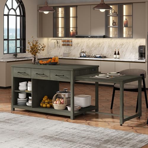 Merax Extendable Retro Kitchen Island with Drawers & Open Shelves & Built-in Power Outlets, Multi-Functional Kitchen Cart on Wheels with Storage, Natural+Espresso