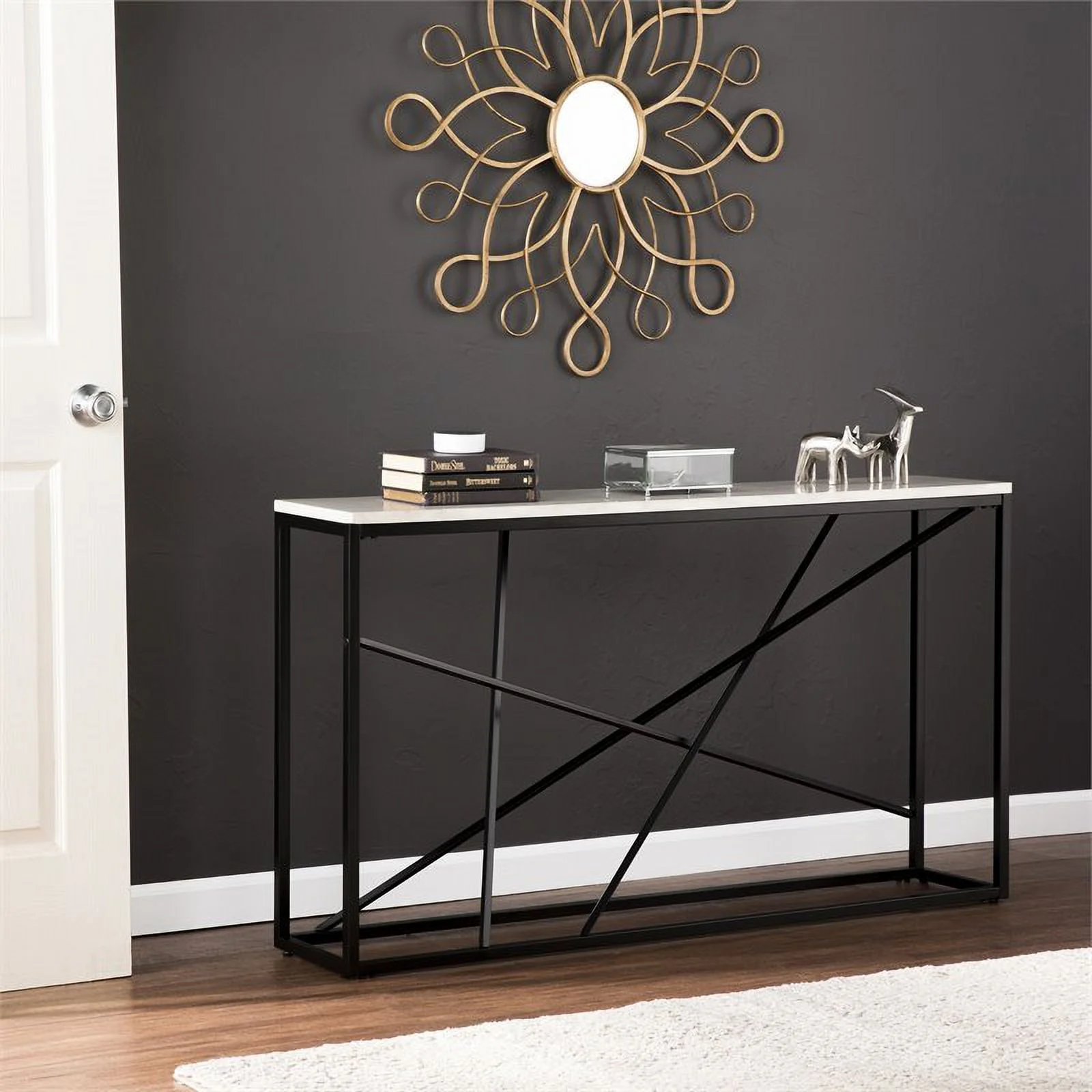 Maklaine Transitional Faux Marble Skinny Console Table in Matte Black