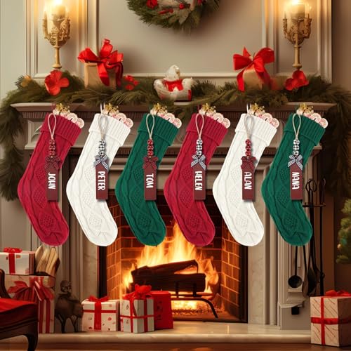 6PACK 18Inch Cable Knitted Christmas Stockings, Personalized Hanging Stockings for Holiday Party, Christmas Tree, and Family Home Decor in Red, White, Green