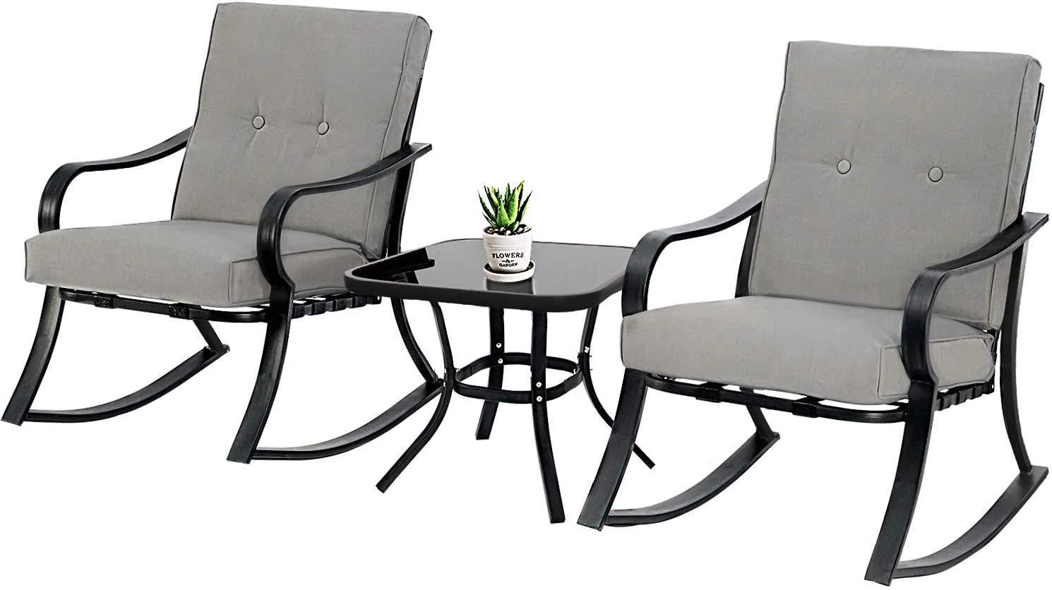 SOLAURA 3-Piece Outdoor Rocking Chairs Set, Black Iron Patio Furniture with Gray Thickened Cushion & Glass Coffee Table