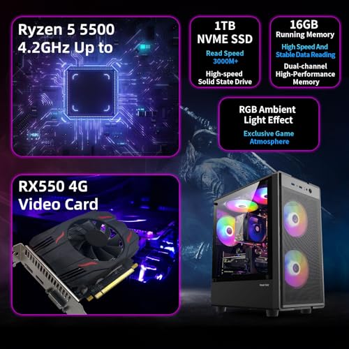 Gaming PC Desktop Computer, AMD Ryzen 5 5500 up to 4.2GHz, Radeon RX 550 4GB, 16G DDR4 RAM, 1TB NVME SSD, WiFi 5.0, Prebuilt Gaming PC Tower Computer with RGB Fan