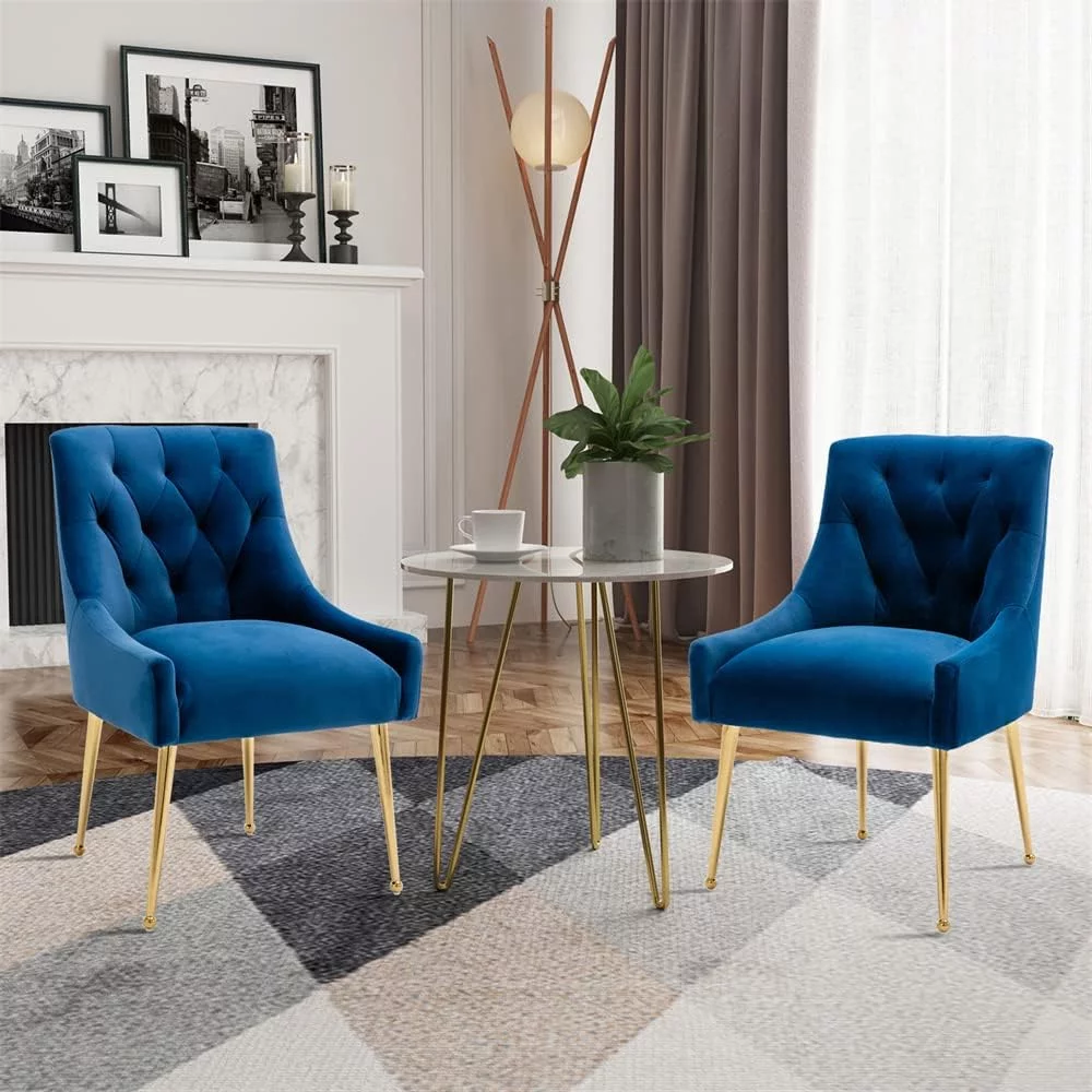 Boyel Living Dining Chair Set of 2 Velvet Upholstered with Gold Legs, Mid Century Modern Accent Chair for Bedroom, Living Room, Dining Room,Kitchen Dining Chairs Navy Blue