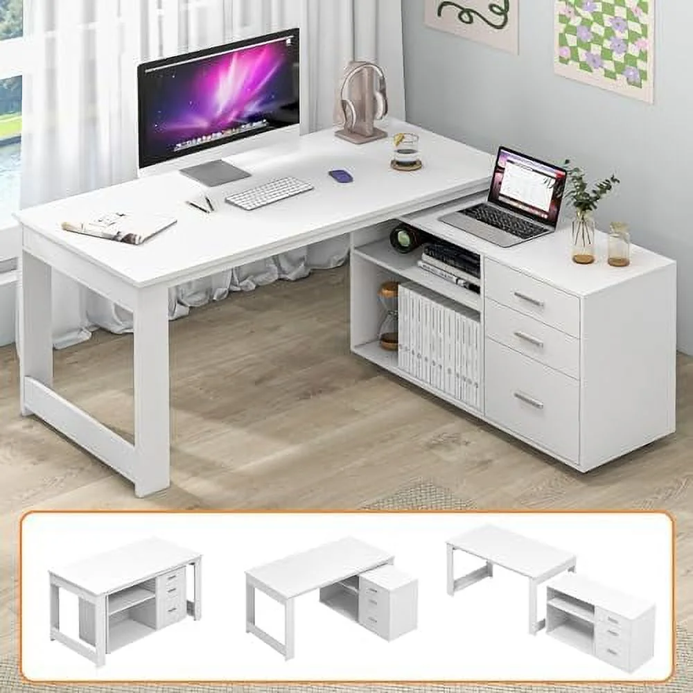White L Shaped Desk with Drawers  Corner Desk with 3 Drawers and 2 Shelve  Executive Desk with  File Cabinet for  Office Workstation  Bedroom  55 inch