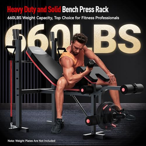 HARISON 6 in 1 Weight Bench Set with Leg Extension and Preacher Curl, 660LBS Workout Bench Press Rack for Home Gym with Resistance Bands