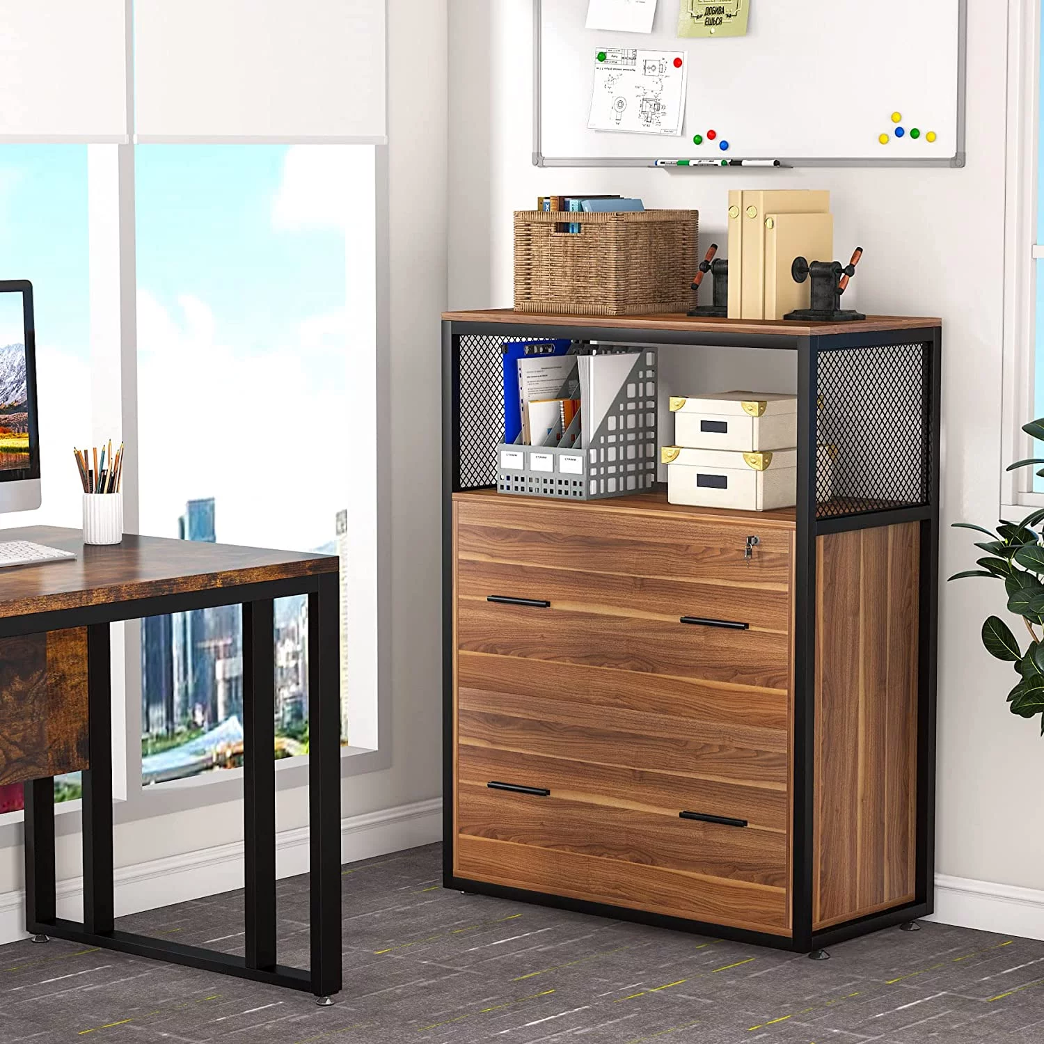 2-Drawer Lateral File Cabinets Legal Size, Large Filing Cabinet with Lock, Printer Stand with Open Storage Shelves for Study, Home Office (Walnut)