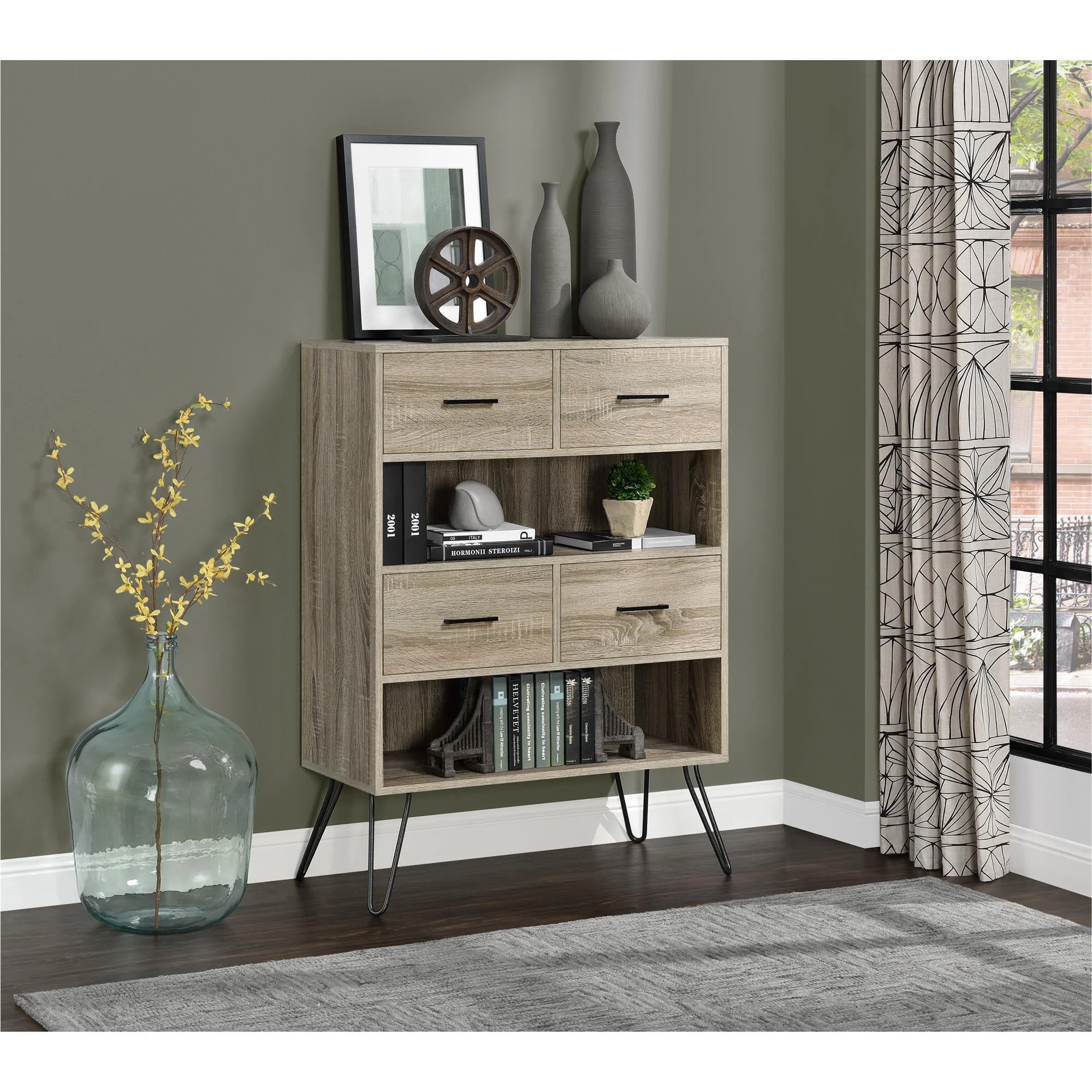 Ameriwood Home Landon Bookcase with Bins, Sonoma Oak/Gunmetal Gray