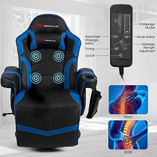 Gaming Recliner Adjustable Massage Gaming Chair with Cup Holder Footrest Ergonomic Single Sofa Living Room Home Theater Seating with Side Pouch, Blue