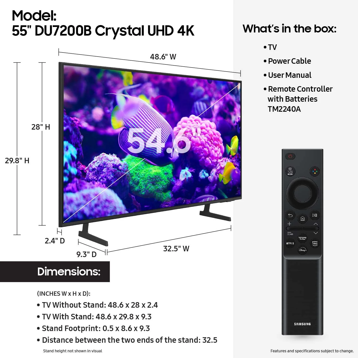 SAMSUNG 55” Class DU7200B Crystal UHD 4K Smart TV UN55DU7200BXZA 2024
