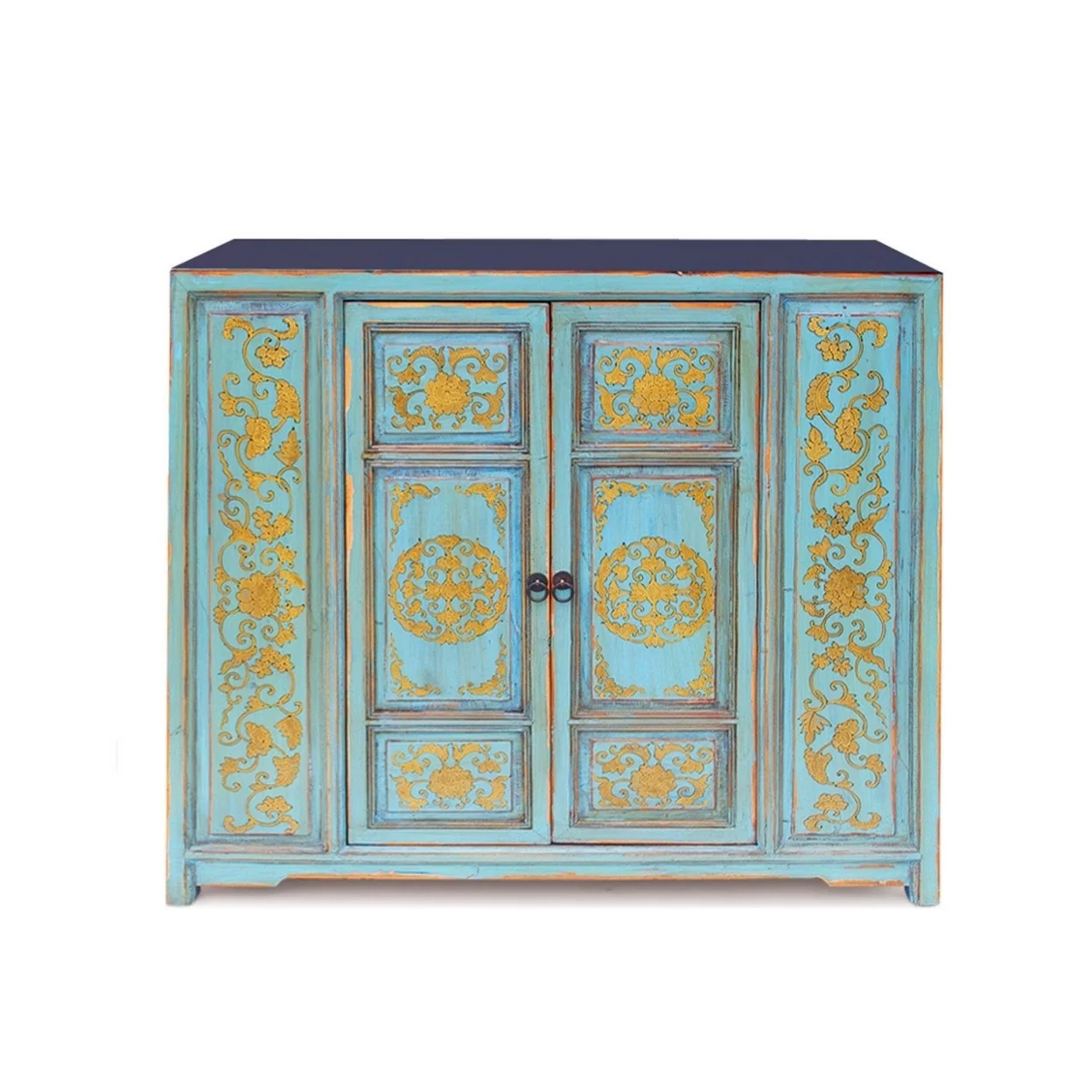 Florentine 43 Inch Vintage Sideboard Buffet Cabinet, 2 Door, Teal and Gold- Saltoro Sherpi