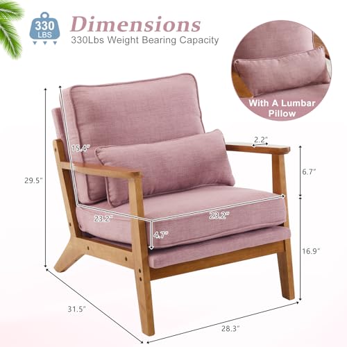 VINGLI Solid Wood Wide Armrests Accent Chair,Upholstered Mid Century Modern Chair with Pillow,Comfy Reading Chair Farmhouse Arm Chair,Chairs Living Room,Bedroom,Guest Room,Linen Fabric,Beige