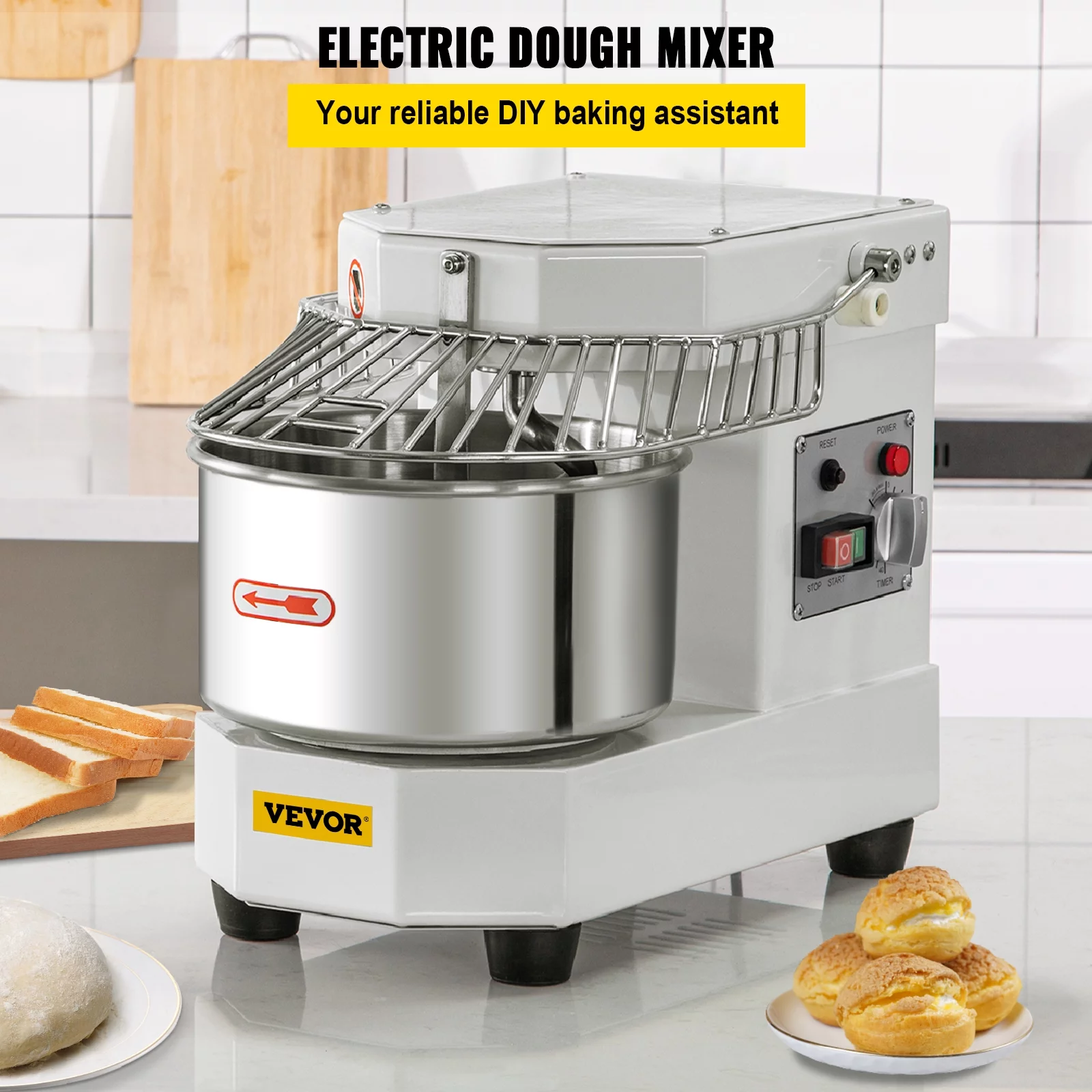 VEVORbrand Commercial Food Mixer, 7.3Qt Capacity, 450W Dual Rotating Dough Kneading Machine with Food-grade Stainless Steel Bowl, Security Shield & Timer Included, Baking Equipment