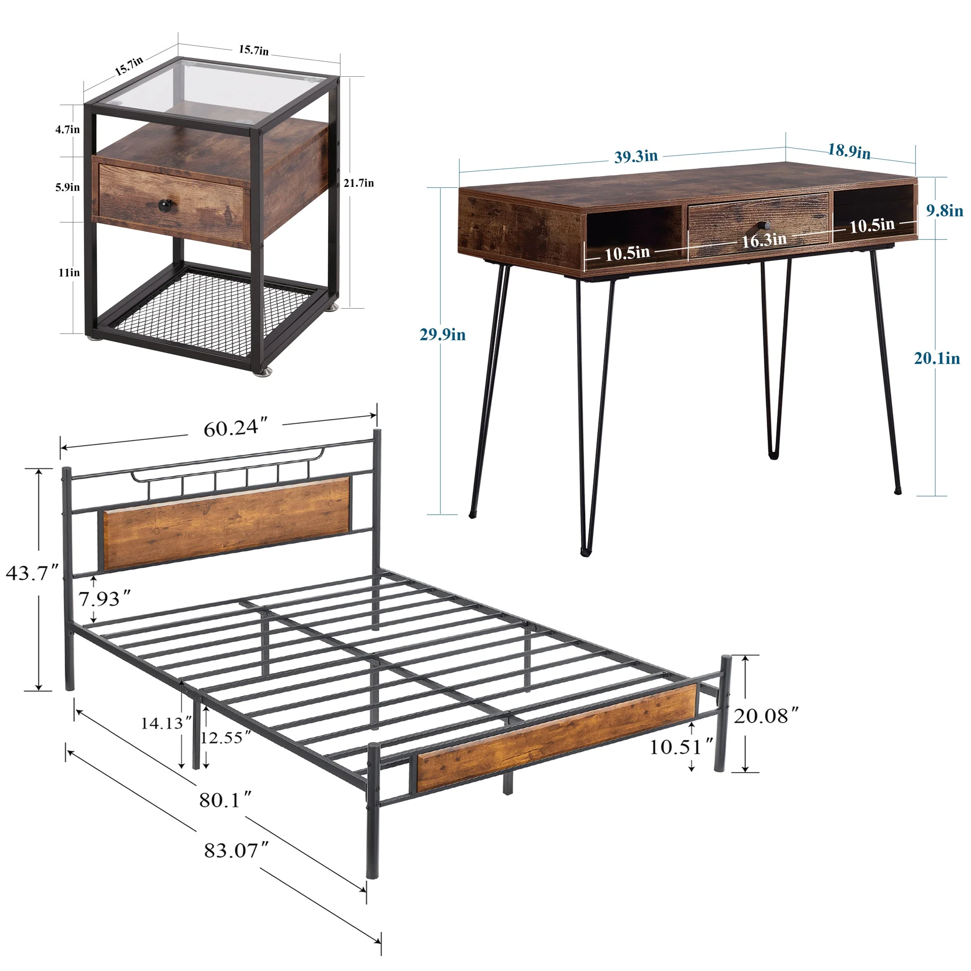 VECELO 4-Piece Bedroom Set with Queen Bed Frame & Cosmetic Table & Two Nightstands, Brown