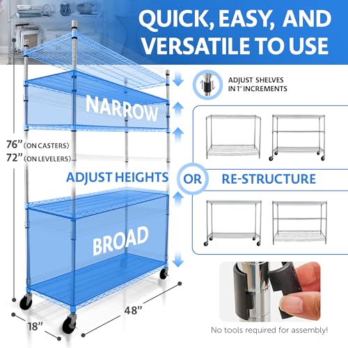 4000 LBS Heavy Duty Wire Rack 48 x 24 x 76, 5-Tier NSF Commercial Rolling Rack with Wheels, Chrome Metal Shelving Unit for Garage, Kitchen, Warehouse, Adjustable Storage Shelf, Crescent