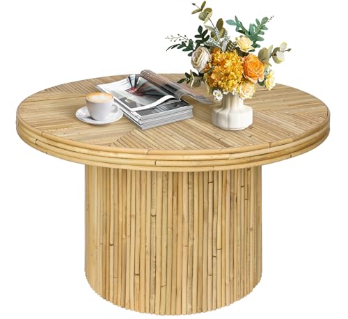 Round Coffee Table, Mid Century Modern Small Rattan Coffee Table, Boho Circle Tea Table, Unique Fluted Coffee Tables, Rustic Center Table for Living Room