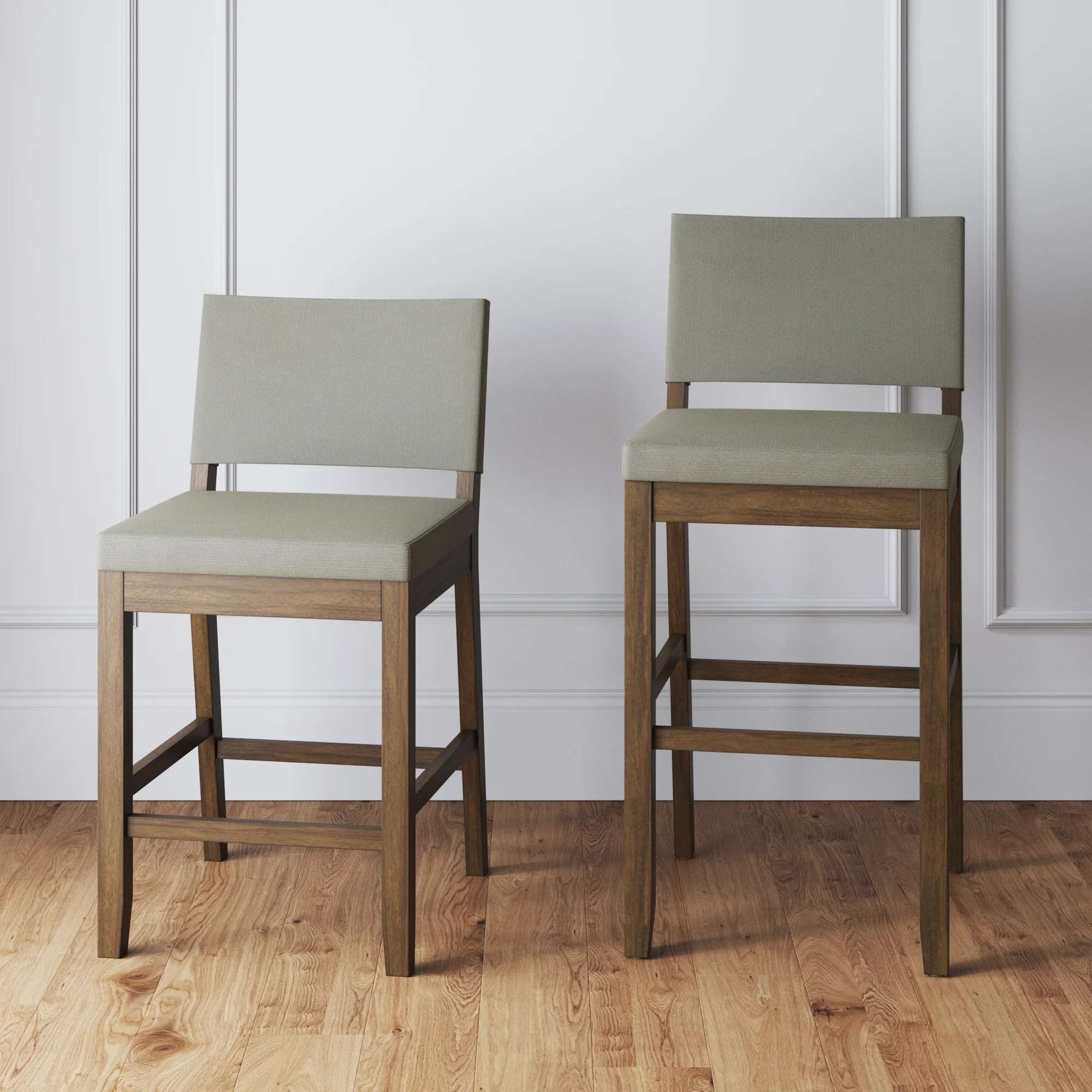 Nathan James Linus Modern Upholstered Bar Stool with Back and Solid Rubberwood Legs in a Wire-Brushed Finish, Light Gray/Dark Brown