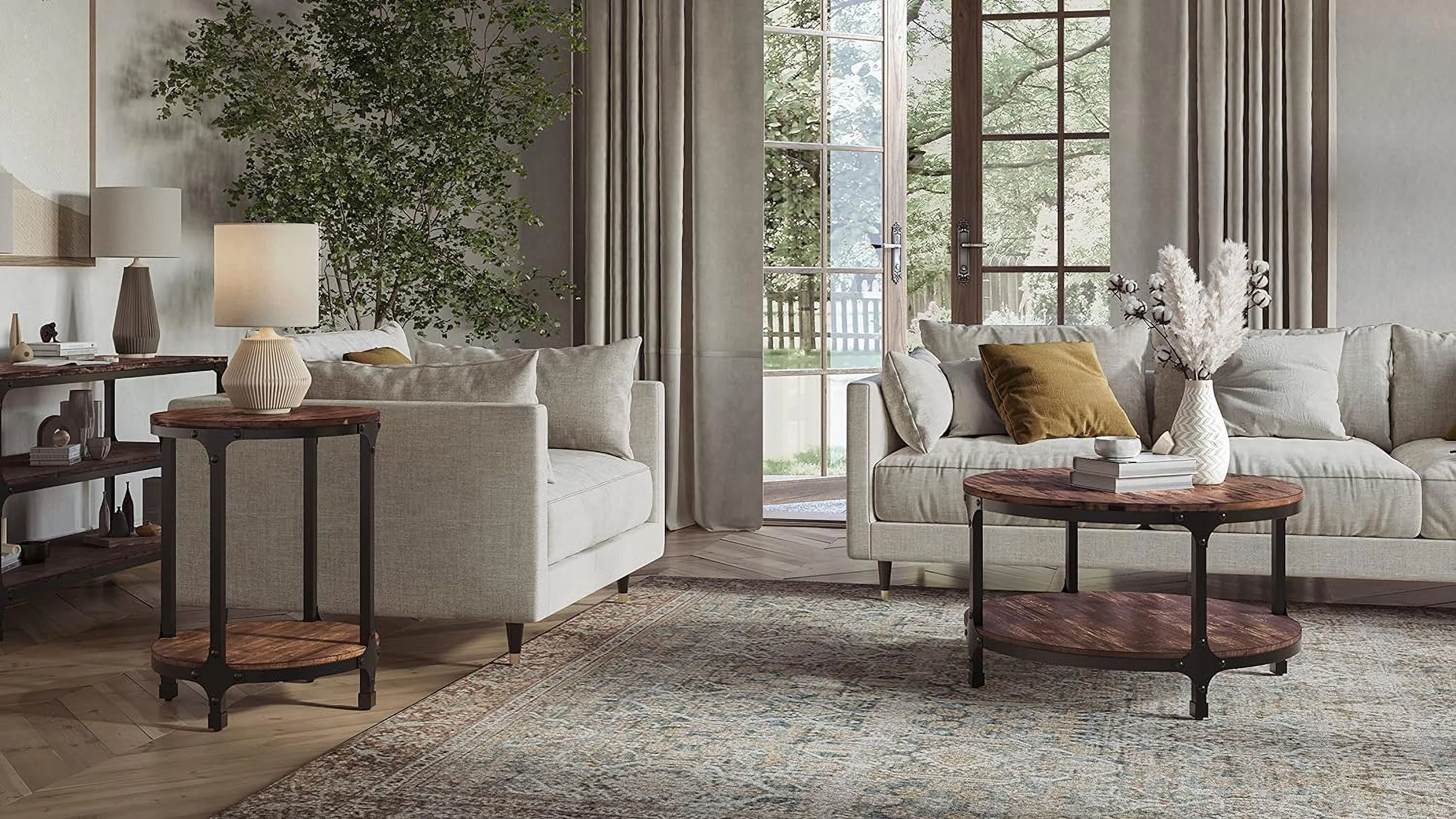 Rustic Design Pine Wood Round Shape Coffee Table Living Room Furniture