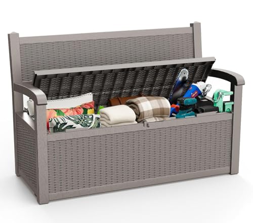 ROJIK 80 Gallon Storage Bench Deck Box Outdoor with Armrests,Storage Furniture Waterproof Lockable for Porch Patio and Garden (Black)