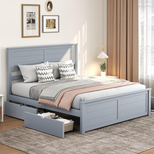AMERLIFE Full Size Bed Frame with Headboard, Platform Beds with 4 Storage Drawers, Wood Bed Frame for Bedroom, Wood Slats Support, Grey