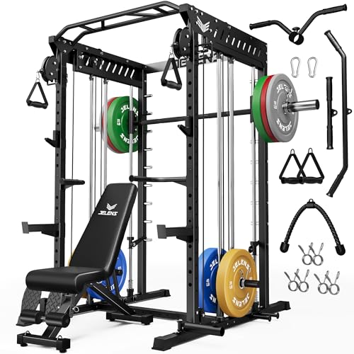 M21 Smith Machine, Multi-Function Power Cage with Dual Pulley Cable Crossover System, 2000LBS All-in-One Squat Rack with Smith Bar and Attachments