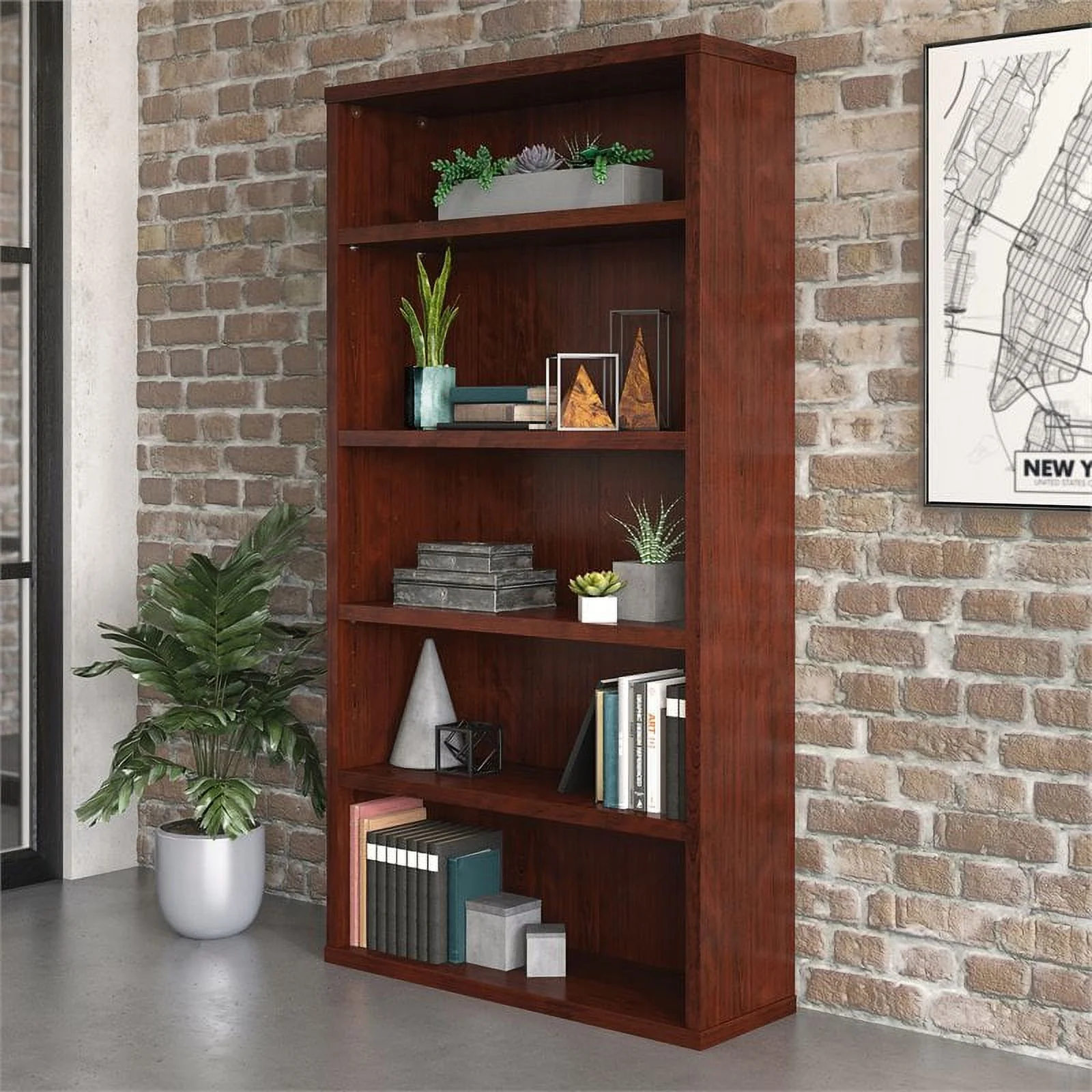 Pemberly Row 5-Shelf Modern Engineered Wood Bookcase in Classic Cherry