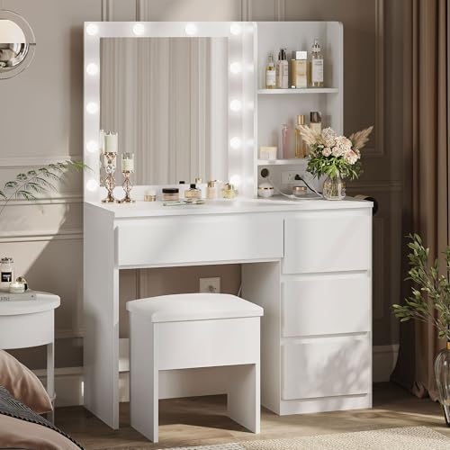 Vanity Desk with Mirror and 12 LED Lights, Makeup Vanity Table with Charging Station, 4 Drawers and Hairdryer Holder, Padded Stool with Storage, White