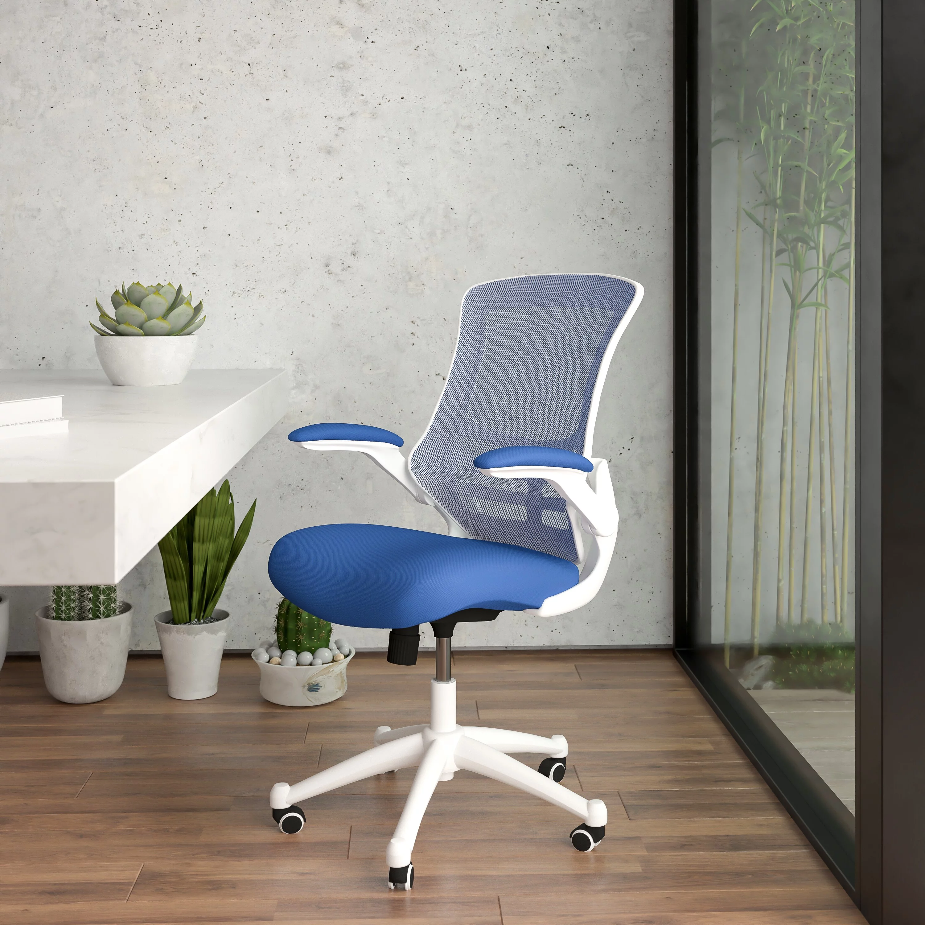Lancaster Home Mid-Back Mesh Swivel Ergonomic Task Office Chair with Flip-Up Arms Blue Mesh/White Frame