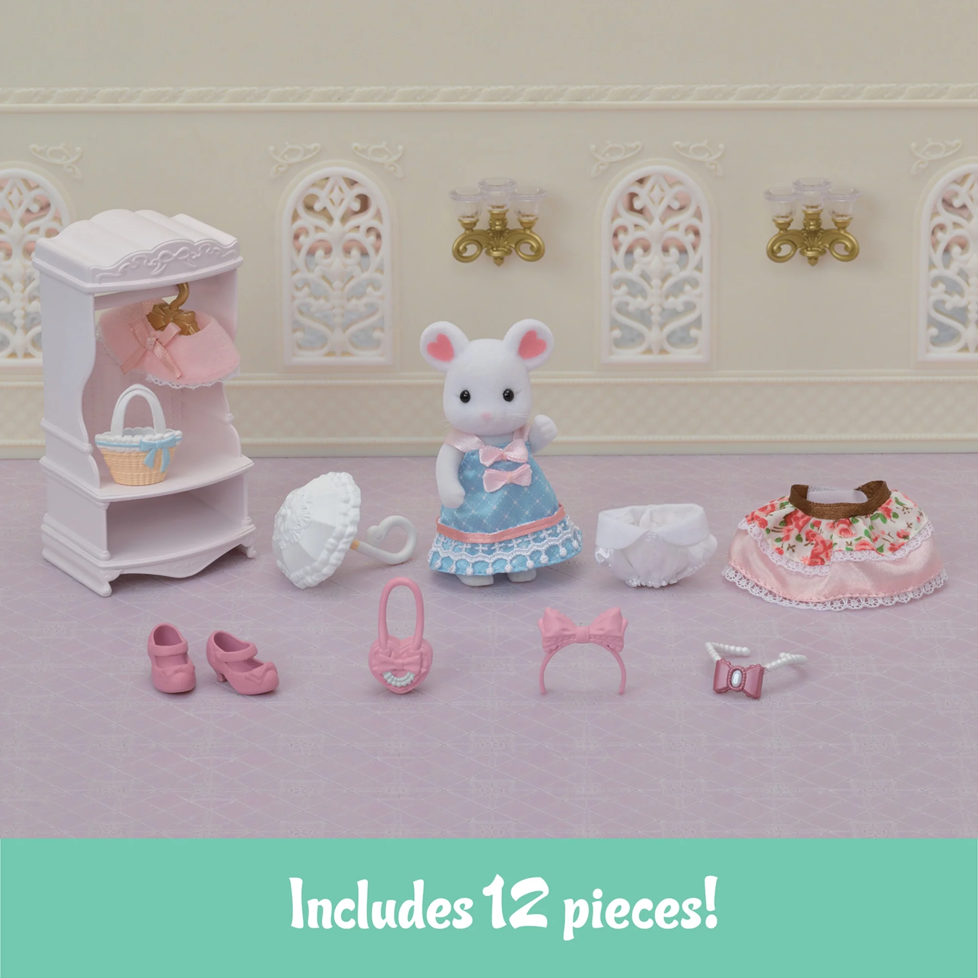Calico Critters Fashion Playset Sugar Sweet Collection, Dollhouse Playset with Marshmallow Mouse Figure and Fashion Accessories