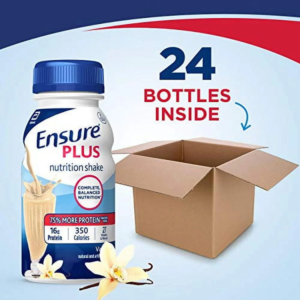 Ensure Plus Liquid Nutrition Shake with Fiber, 16 Grams of Protein, , Vanilla, 8 Fl Oz Bottle (Pack of 24)