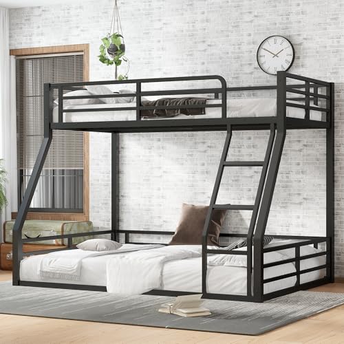 Heavy Duty Bunk Bed Frame with Ladder, Twin XL Over Twin XL Bunk Beds with Safety Guardrails, Adults Bunk Beds with Noise-Reducing Rubber Stoppers, Easy Assemble, Black
