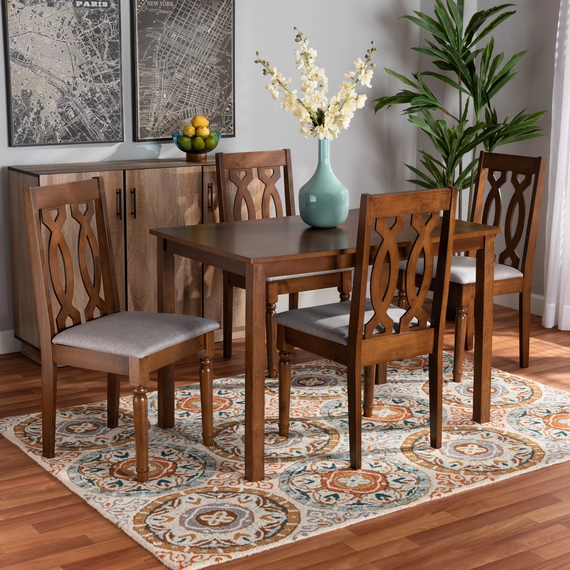 Baxton Studio Cherese Modern and Contemporary Grey Fabric Upholstered and Walnut Brown Finished 5-Piece Wood Dining Set