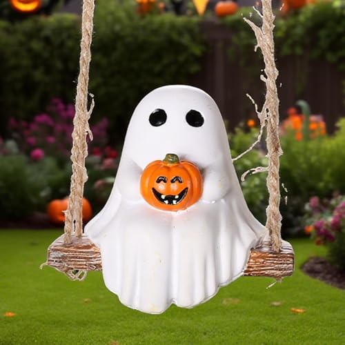 White Ghost Pumpkin Swing with Rope Hook Halloween Decoration, Skeleton Garden Courtyard Pendant Resin Crafts