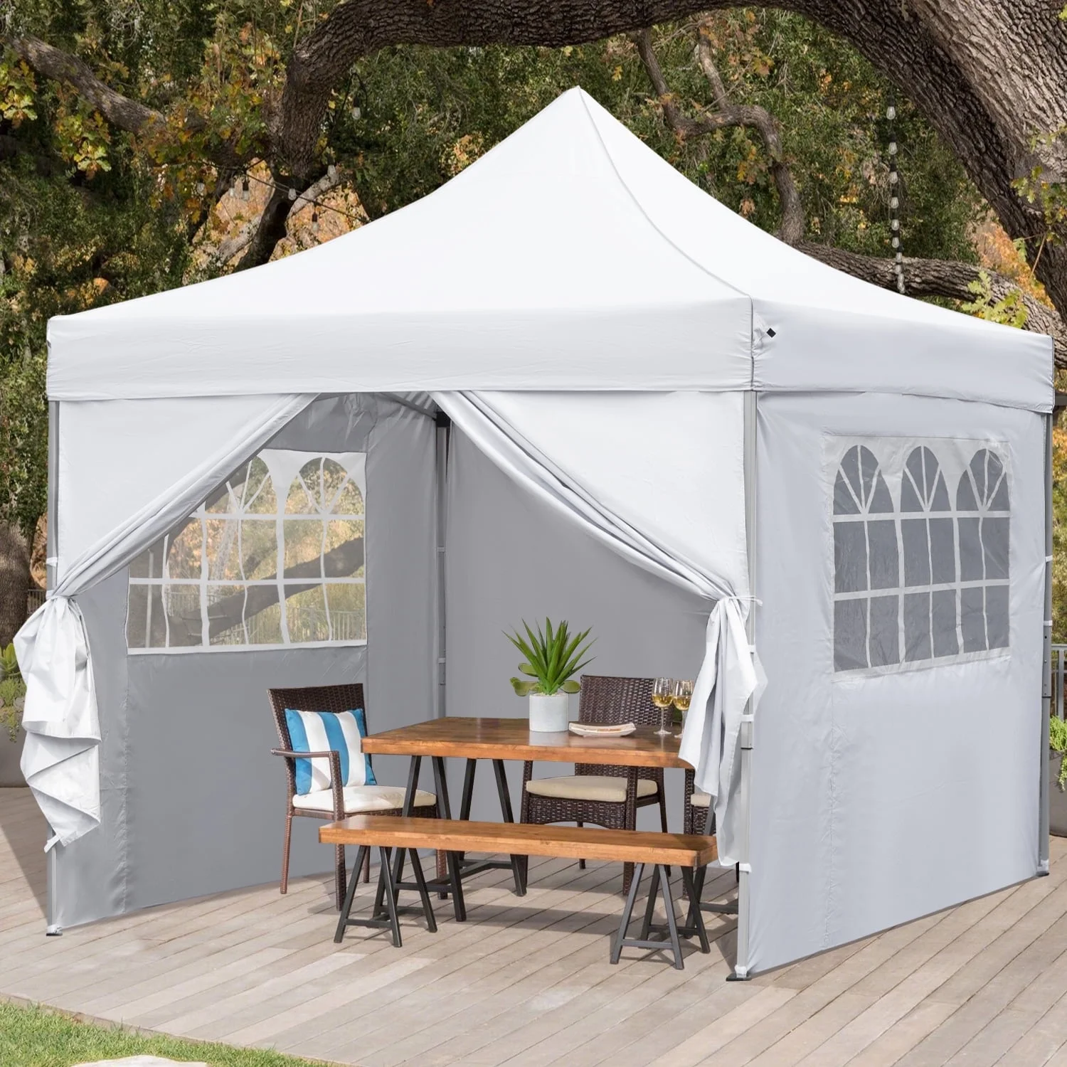 Outdoor Basic 10' x 10' Pop up Canopy Tent with 4 Side Panels Outside Canopy, Top Height 3 Height Settings and Side Height 3 Height Settings, One Push Tent Canopy Wheeled Carry Bag, White