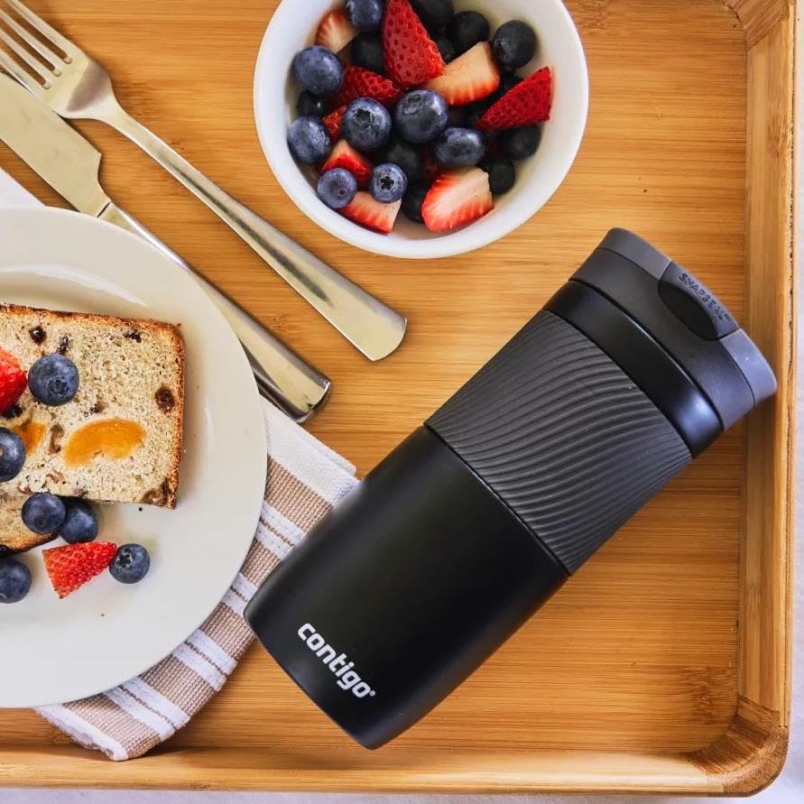 Contigo Byron Snapseal Travel Mug, Stainless Steel Thermal Mug, Vacuum Flask, Leakproof Tumbler, Coffee Mug with BPA Free Easy-Clean Lid, 590 ml, Black